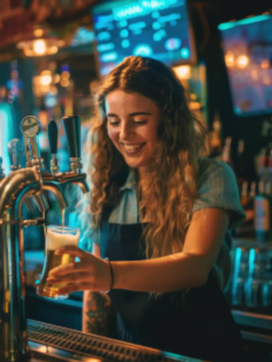 Kvinnlig bartender som häller upp öl.